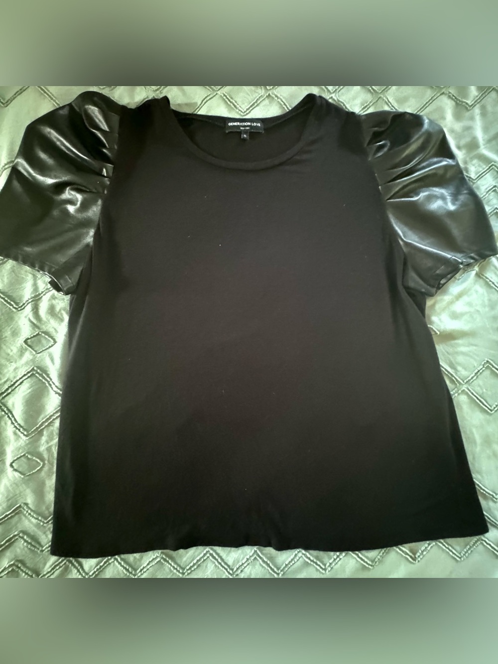 Generation Love Black Vegan Leather Puff Sleeve Tee XL Chic Statement Top